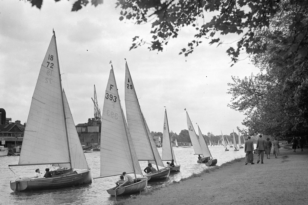 Whitsun White Sails Gleaming in the sunlight sailing craft glide down the Thames in this Whitsun holiday scene at Kingston today (Whit-monday) 29 May 1950