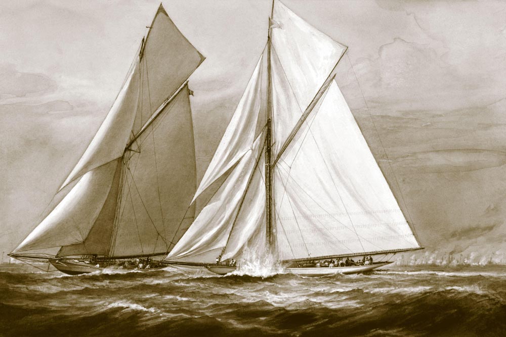 	 PICTURES OF YESTERYEAR - managed by PPL Photo Agency - COPYRIGHT RESERVEDCirca 1895 America's Cup: The American yacht DEFENDER crosses the bows of the British challenger VALKYRIE III. 1st Race, Sept 7 PHOTO CREDIT: PPL PHOTO AGENCY