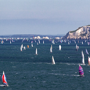 wide shot of dozens of boats off the coast of dover