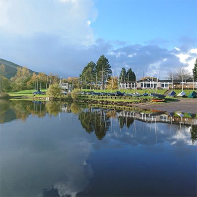 Bassenthwaite - wide shot of sailing club next to lake