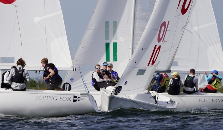 Three teams in view racing Sonars upwind for the Carmela Cup two-boat keelboat team racing championships hosted by Royal Thames YC at Queen Mary SC 2024.  